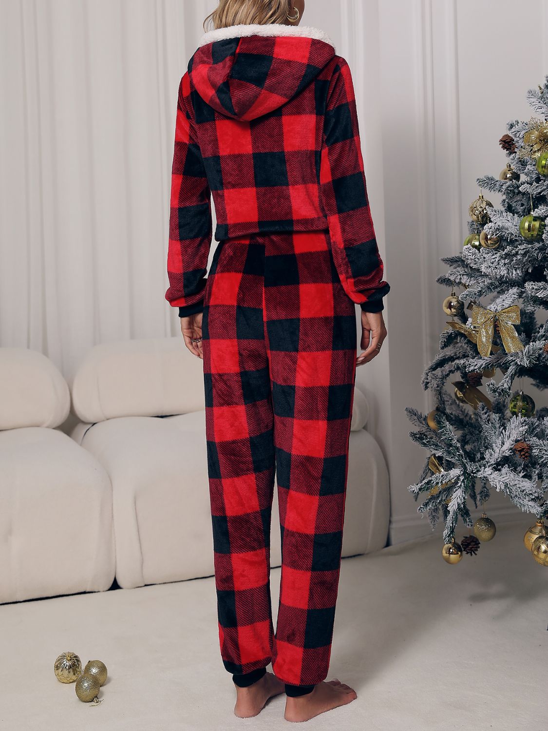 Plaid Chic Zip-Up Hooded Jumpsuit