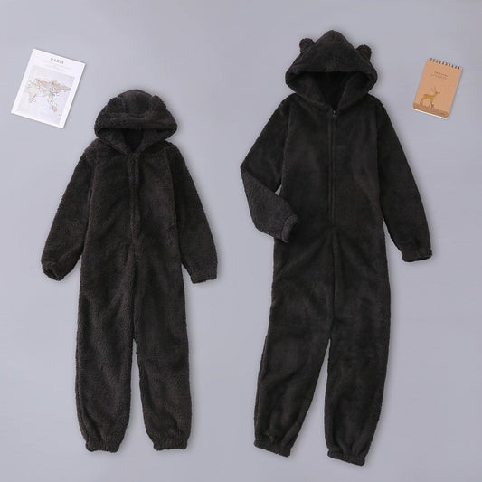 Plush Thick Wool Jumpsuit Hooded Pajamas Parent-child Wear