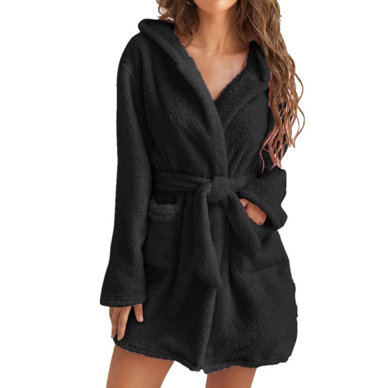 Plush Solid Color Hooded Home Warm Bathrobe Pajamas