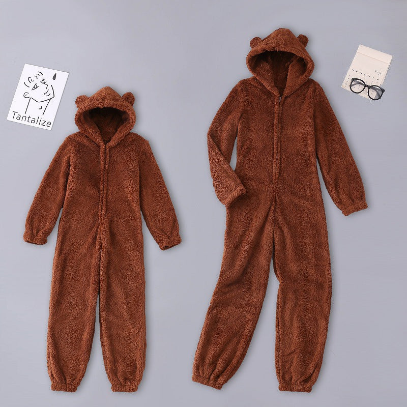 Plush Thick Wool Jumpsuit Hooded Pajamas Parent-child Wear