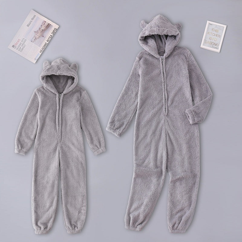 Plush Thick Wool Jumpsuit Hooded Pajamas Parent-child Wear