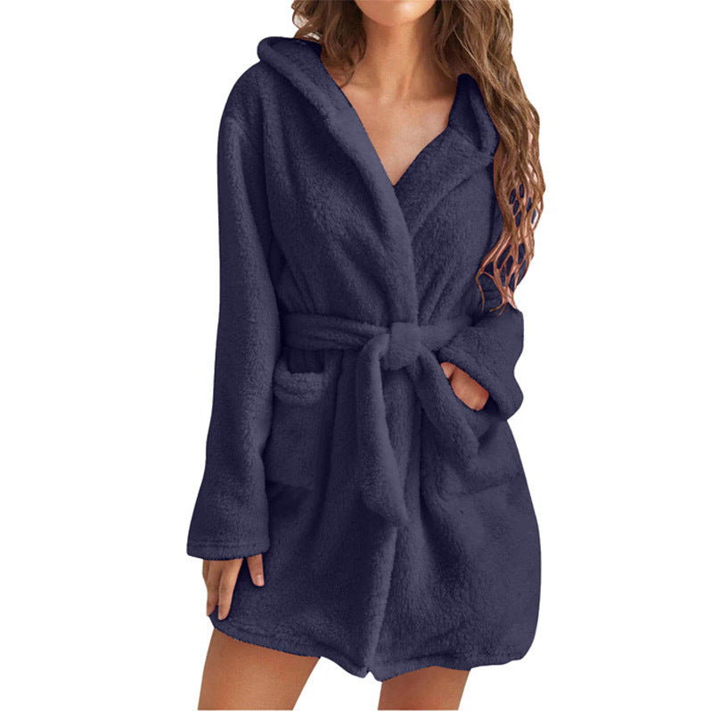 Plush Solid Color Hooded Home Warm Bathrobe Pajamas