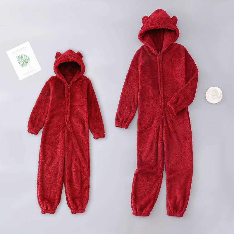 Plush Thick Wool Jumpsuit Hooded Pajamas Parent-child Wear